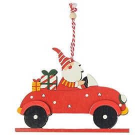 Елочная игрушка Санта в машине, дерево, QTC0157