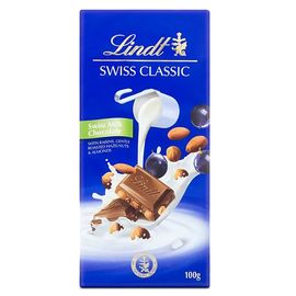 Ciocolata LINDT Swiss Classic, cu lapte, stafide, si alune, 100 g