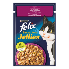 Hrana umeda pentru pisici Felix Sensations Jellies, cu rata si spanac in jeleu, 85 g