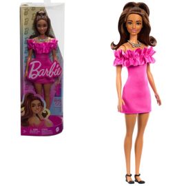 Papusa Barbie MATTEL Fashionista cu par ondulat saten si rochie roz