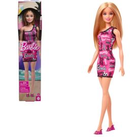 Papusa Barbie MATTEL Fashion, cu parul blond si rochie roz culogo-ul Barbie imprimat