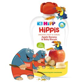 Piure HiPP HiPPiS Fructе & Cereale, Mar cu banana si biscuite, de la 4 luni, 100 g