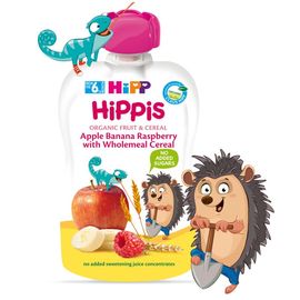 Piure HiPP HiPPiS Fructе & Cereale, Mar, banana, zmeura si cereale integrale, de la 6 luni, 100 g