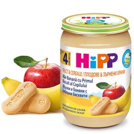 Piure HiPP Fructe & Cereale, Mar - banana cu primul biscuit al copilului, de la 4 luni, 190 g