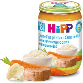 6413 Пюре HIPP Мясное меню, Нежные овощи с рисом и телятиной, с 8 месяцев, 220 г