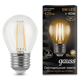 Лампочка GAUSS Filament G45 LED 5W, E27, 2700К, 420lm, IP20