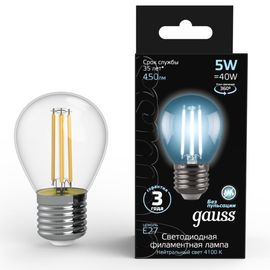 Лампочка GAUSS Filament G45 LED 5W, E27, 4100К, 450lm, IP20