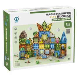 Set de constructie magnetic Magnetic Blocks Paradisul Animalelor, ZJA354931, 116 elemente