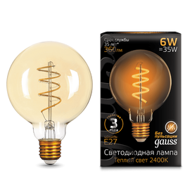 Лампа LED Filament GAUSS BLACK G95 Flexible Golden Цоколь  E27 6Вт теплый свет