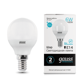 Лампа  LED GAUSS ELEMENTARY G45  Цоколь E14  6 Вт  нейтральный свет