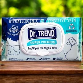 Servetele umede biodegradabile DR.TREND, hypoallergenic&sensetive skin, pentru caini si pisici, 48 buc
