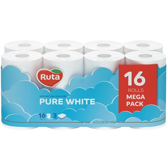 Туалетная бумага RUTA Pure White, 3 слоя, 16 рулонов