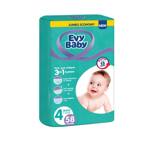Подгузники для детей EVY BABY №4 Jumbo MAXI 7-18 кг, 58 шт