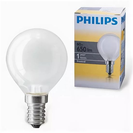 Лампа накаливания PHILIPS P45 Stand, E14, 60W, 230V, FR, шар, матовая, теплый свет
