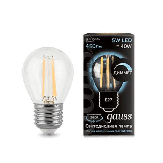 Bec LED GAUSS Filament Candle Dimmable 5W/E14/4100K/420lm/IP20/1/10/50
