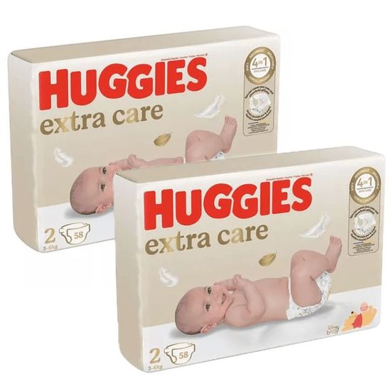Набор подгузников для детей HUGGIES №2 Extra Care Jumbo 3-6 кг, 58 шт.*2.
