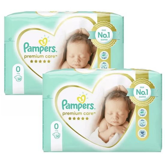 Set scutece pentru copii PAMPERS Premium Care New Baby №0, 0-3 kg, 30 buc.*2