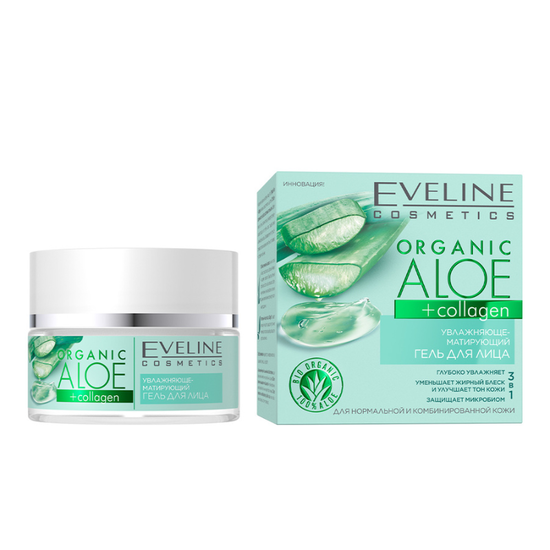 Crema-gel pentru fata EVELINE Organic Aloe+Collagen, matifiant si hidratant, 50 ml