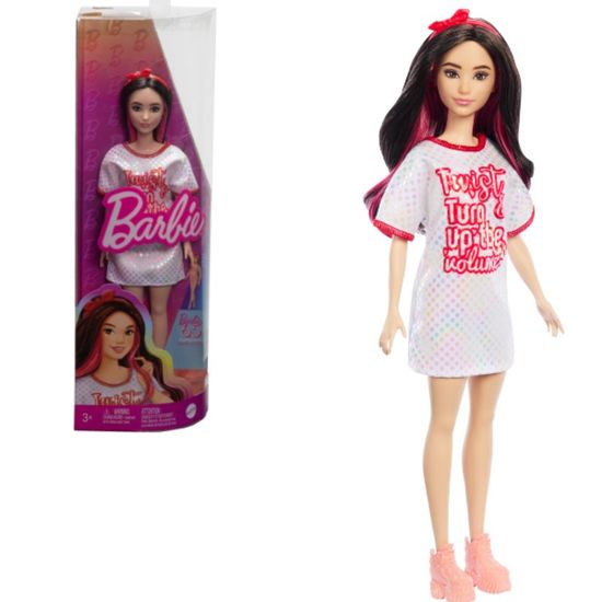 Papusa Barbie MATTEL Fashionista cu par negru ondulat si rochie, 2 image