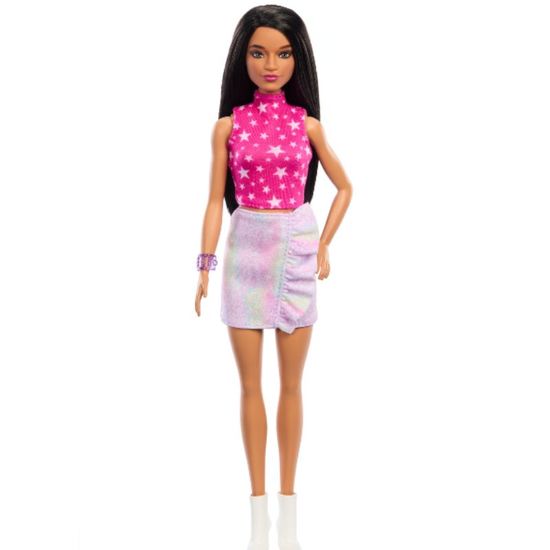 Papusa Barbie MATTEL Fashionista cu par negru drept si fusta colorata, 5 image