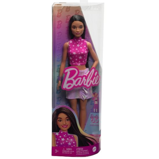 Papusa Barbie MATTEL Fashionista cu par negru drept si fusta colorata, 3 image