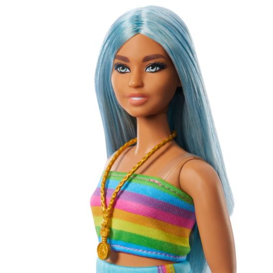 Papusa Barbie MATTEL Fashionista cu parul albastru si rochie curcubeu, 4 image