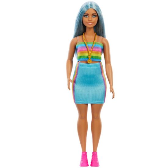 Papusa Barbie MATTEL Fashionista cu parul albastru si rochie curcubeu, 3 image