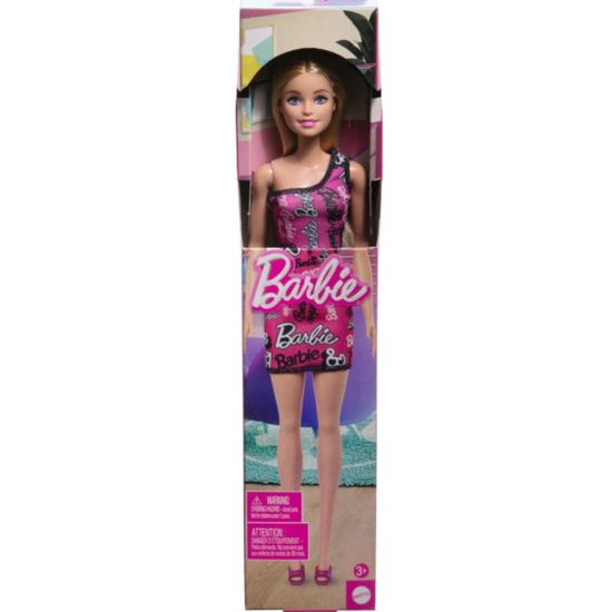 Papusa Barbie MATTEL Fashion, cu parul blond si rochie roz culogo-ul Barbie imprimat, 3 image