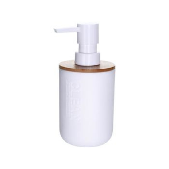 Dozator pentru sapun Bathroom, capac din bambus, plastic, 17 cm, alb