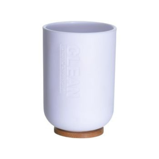 Pahar pentru periute de dinti Bathroom, din plastic, baza din bambus, 11 cm, alb
