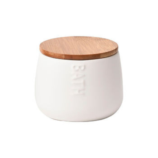 Borcanas cu capac Tendance Bath, din ceramica+bambus, D7.5x9.5 cm, alb