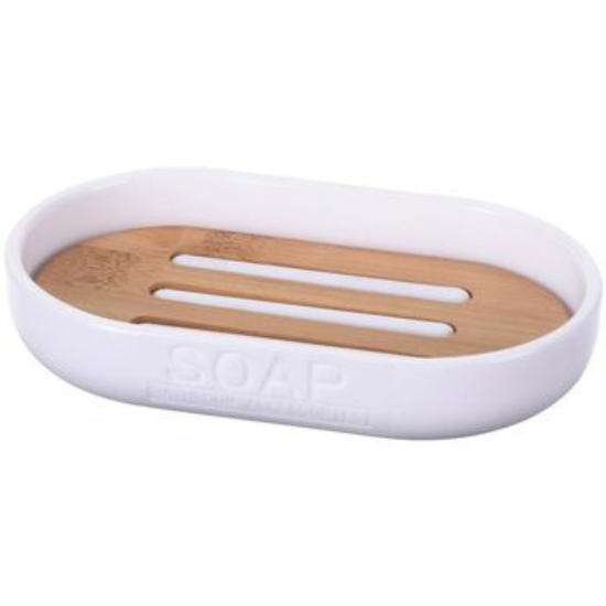 Sapuniera Bathroom, ovala, tava bambus, alba, plastic