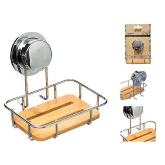 Sapuniera cu ventuza Five, din metal si bambus 4.4x14x13.5 cm
