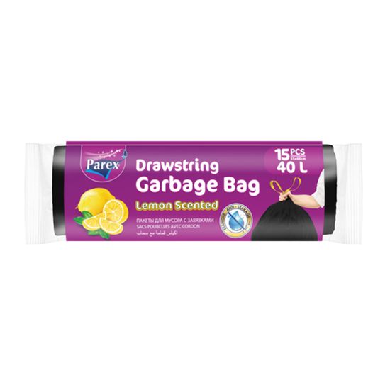 Saci de gunoi PAREX, economici, cu legaturi, cu parfum de lamaie, biodegradabile, 15 buc/40 l