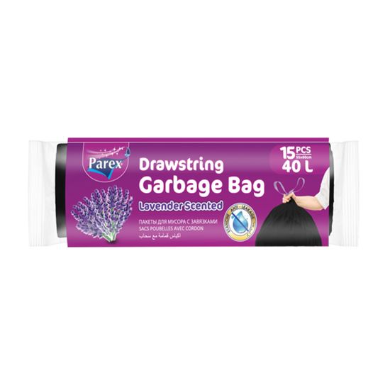Saci de gunoi PAREX, economice, cu cravate, cu parfum de lavanda, biodegradabile,15 buc/40 l