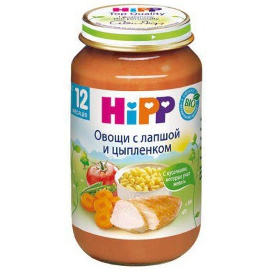 6803 Пюре HIPP Мясное меню, Овощи с лапшой и цыпленком, с 12 месяцев, 220 г