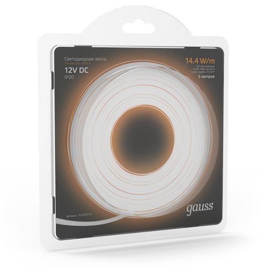 Лента светодиодная GAUSS 5050, 60-SMD 14.4W, 3000K, 520lm, 12V DC, IP20, блистер 5 м, 1, 50, изображение 3