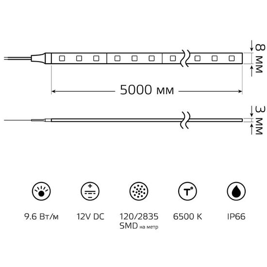 Лента светодиодная GAUSS Elementary 2835, 120-SMD 9.6W, 6500K, 290lm, 12V DC, IP66, ZIP Bag 5 м, 1, 50, изображение 3