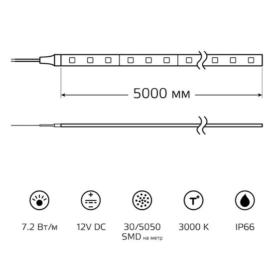 Лента светодиодная GAUSS 050, 30-SMD 7.2W, 3000K, 310lm, 12V DC, IP66, блистер 5 м, 1, 50, изображение 5