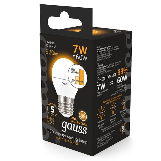 Bec GAUSS Black G45 LED 7W, E27, 3000K, 520lm, IP20, рasul de estompare, 4 image