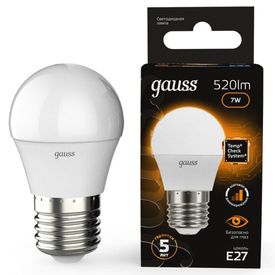 Bec GAUSS Black G45 LED 7W, E27, 3000K, 520lm, IP20, рasul de estompare