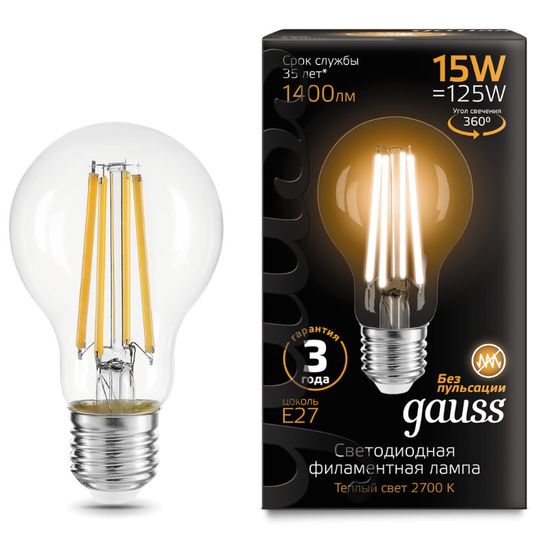 Bec GAUSS Filament A60 LED 15W, E27, 2700К, 1400lm, IP20, 1, 10, 40