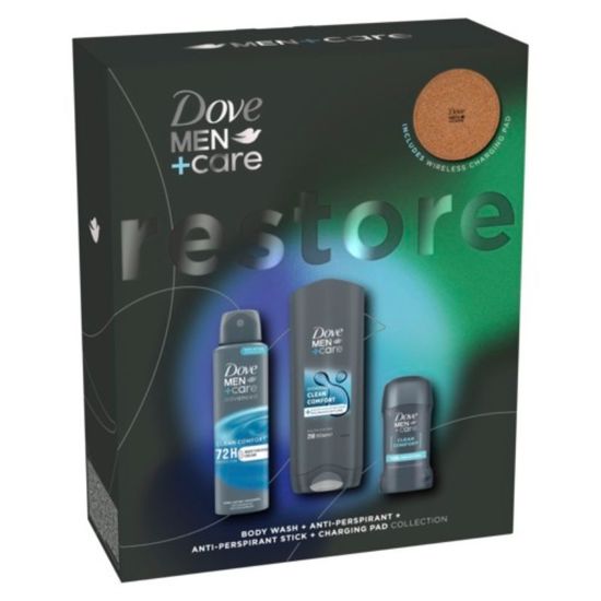 Set cadou DOVE Men + Care Clean Comfort (SG 250ml + DEO 150ml + STK 50ml) + Charging Pad Gratis, 2025