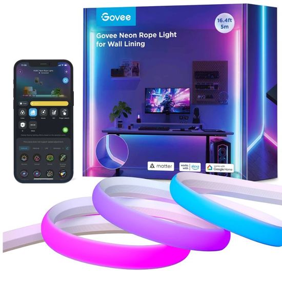 Неоновый шнур для облицовки стен GOVEE Light Strip Neon Rope Light for Wall Lining, Multicolor / Wi-Fi + BT, 5м