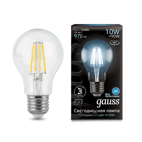 Лампа LED Filament GAUSS BLACK A60 E27 10W 4100К 1/10/40 нейтральный свет