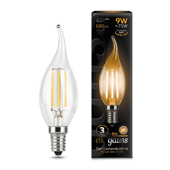 Лампа LED Filament GAUSS BLACK C37(свеча на ветру)  Цоколь E14 9Вт теплый свет
