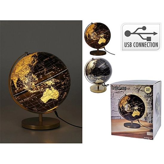 Glob pamantesc cu iluminare, cu port USB, D26 cm, H31 cm, negru