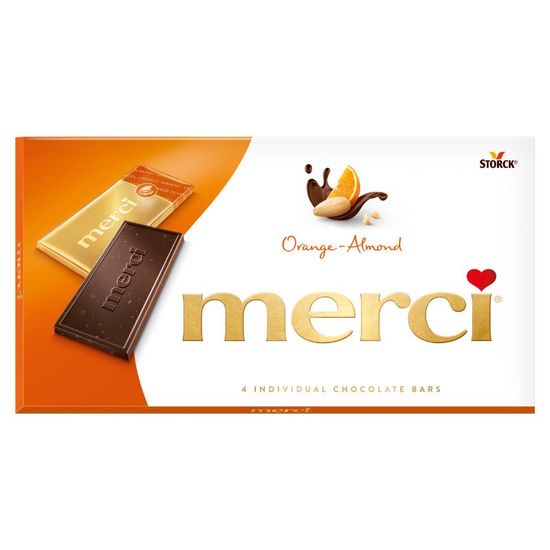 Конфеты MERCI шоколадные горький, с соком апельсина и кусочками миндаля, 100 г