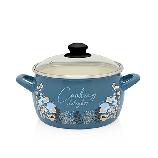 Cratita emailata METALAC Blue, cu capac din sticla, 24 cm, 7.5 l