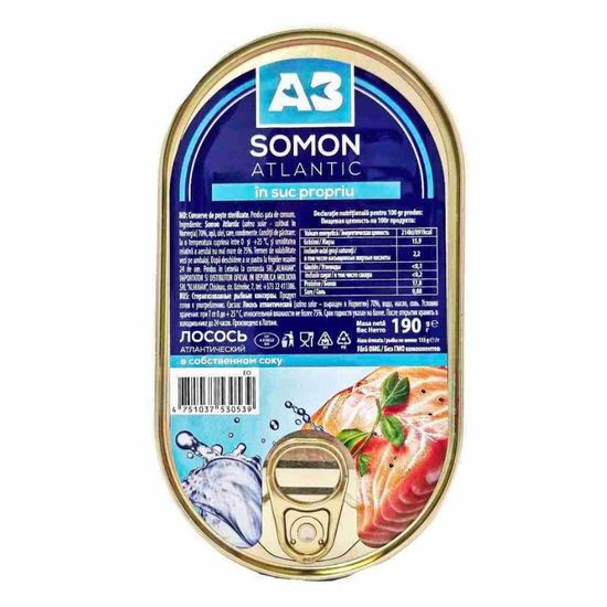 Somon atlantic A3, in suc propriu, 190 g